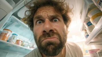 Man reacts with disgust while looking into an open fridge filled with various food items photo