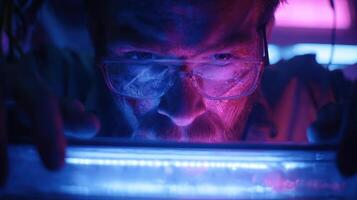 Man reaches into a fridge under vibrant neon lights searching for a mysterious item late at night photo