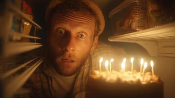 Surprised man discovers a birthday cake while reaching into the fridge at home during evening hours photo