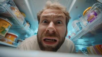 Man reacts with disgust while peering into a fridge filled with various food items and containers photo