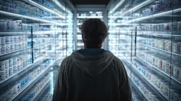 Man examines rows of containers inside a brightly lit fridge at a grocery store during evening hours photo