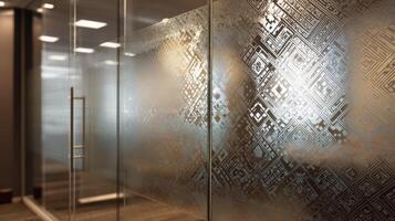 Geometric etched glass surface enhancing modern office design with intricate patterns and reflections photo