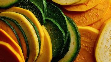 Vibrant macro shot of mixed varieties of butternut squash on a wooden surface photo