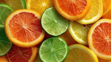 Vibrant display of sliced citrus fruits in a colorful arrangement with fresh oranges and limes photo