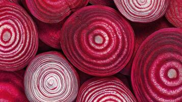 Deep red beet slices display intricate patterns and textures in a close up view photo