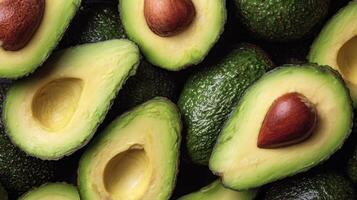 Creamy avocado halves and slices arranged close up showcasing texture and color photo