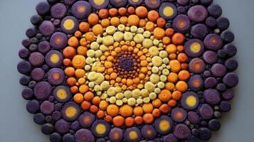 Vibrant carrot mandala showcasing a circular arrangement of colorful carrots in a creative display photo