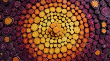 Vibrant carrot mandala arranged in a captivating circular pattern with colorful layers photo