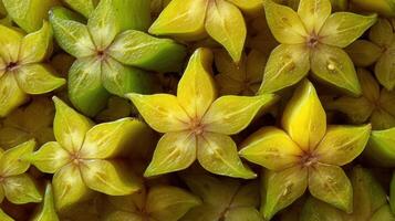 Close up view of freshly cut star fruit carambola slices showcasing vibrant colors and unique shape photo
