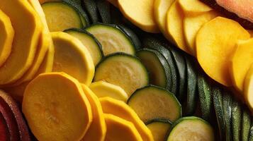 Mixed varieties of butternut squash and other squash displayed in a colorful macro arrangement photo