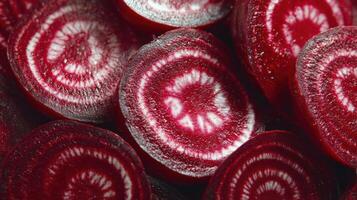 Deep red beet slices showcase intricate patterns and rich colors in natural light setting photo