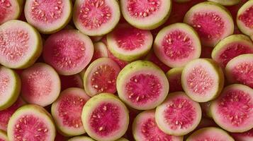 Freshly cut guavas with pink centers arranged neatly and showcasing scattered seeds photo