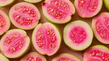 Freshly sliced guavas with pink centers and scattered seeds arranged beautifully for presentation photo