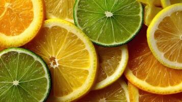 Citrus slices finely arranged with vibrant colors showcasing the freshness of lemons and limes photo