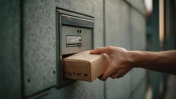 Hand places a secure package into a drop box in an urban setting during the late afternoon photo