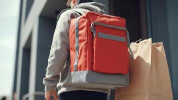 Food delivery worker carrying square bag while heading to a customer location during the day photo
