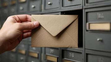 Hand retrieving a bubble mailer from a shared mailbox during afternoon hours photo