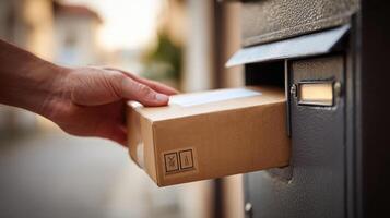 Hand reaches into secure package drop box in urban setting for convenient parcel delivery photo