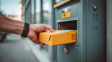 Secure package drop box accessed by hand holding a small parcel during daylight hours photo