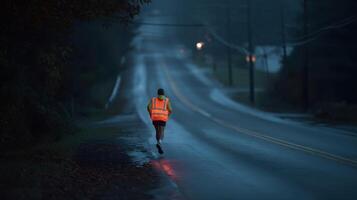 Jogger in reflective vest running on a dim, wet road during early evening hours photo