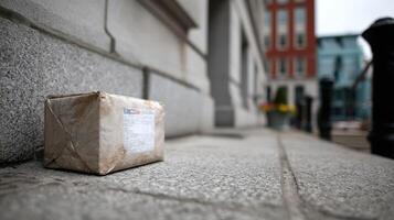Lost package with smudged label lying on pavement near building in urban area photo