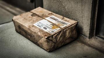 Lost package with a smudged label resting against a building in an urban environment photo