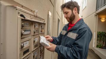 Mail carrier delivers package to cluster mailbox in residential area during daylight hours photo