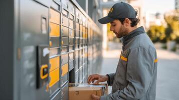 Delivery person loading multiple packages into a package locker during daylight hours at an urban location photo