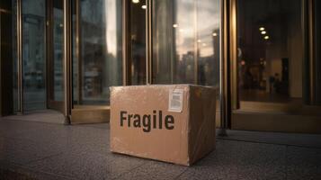 Fragile labeled box left outside office building during evening with automatic doors in view photo