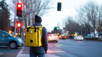 Delivery worker waits at a traffic light in an urban setting during early evening hours photo
