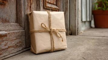 Package wrapped in brown paper and twine is placed at the entrance of a rustic wooden door photo