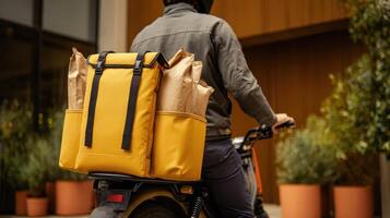 Rider makes final adjustments to yellow backpack before starting delivery in urban area photo