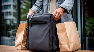 Food delivery worker preparing to close a square shaped bag for orders in an urban setting photo