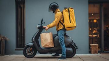 Delivery rider parks scooter and retrieves orders while preparing for next drop off in urban setting photo
