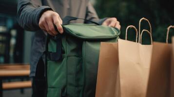 Rider preparing to unzip green square shaped insulated bag while at outdoor location photo