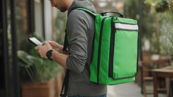 Rider uses mobile device while carrying insulated deli bag in outdoor cafe setting photo