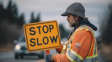 Road flagger directing traffic with a STOP SLOW sign on a busy highway during overcast weather photo