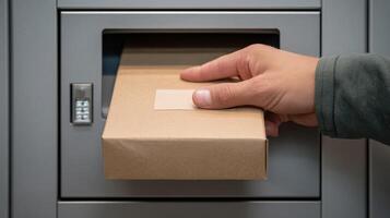 Hand reaches into secure package drop box to retrieve a waiting parcel during daylight hours photo