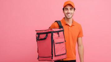 Food delivery person smiles after completing a successful delivery in a vibrant setting photo