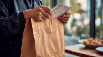 Delivery person checks order details while preparing to hand off the package in a cafe setting photo