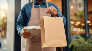 Delivery person checks an order while holding a package outside a storefront in the afternoon photo
