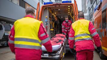 Emergency responders in bright vests loading a stretcher into an ambulance at a busy location photo