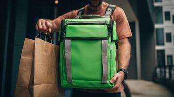 Rider unzipping a green insulated bag while holding delivery items outside a modern building photo