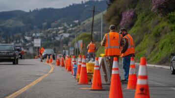 Road crew sets up traffic cones along highway for maintenance work under cloudy skies photo