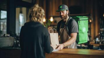Rider delivers orders wearing green insulated deli bag during busy lunchtime at local cafe photo