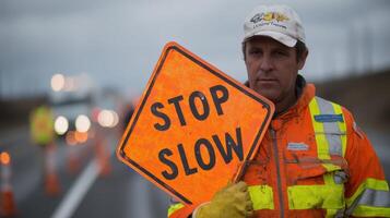 Road flagger controlling traffic with STOP SLOW sign during overcast daytime on busy highway photo