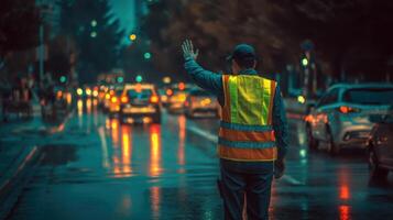 Traffic controller signals vehicles in urban setting during rainy evening commute photo