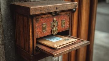 Vintage wooden mailbox holds a small package in a rustic outdoor setting, offering charm and character photo