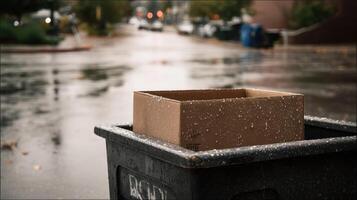Cardboard box resting on top of a garbage bin during rainy weather in an urban setting photo