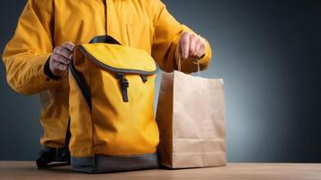 Courier opens yellow insulated bag for food delivery during an evening shift in an urban area photo